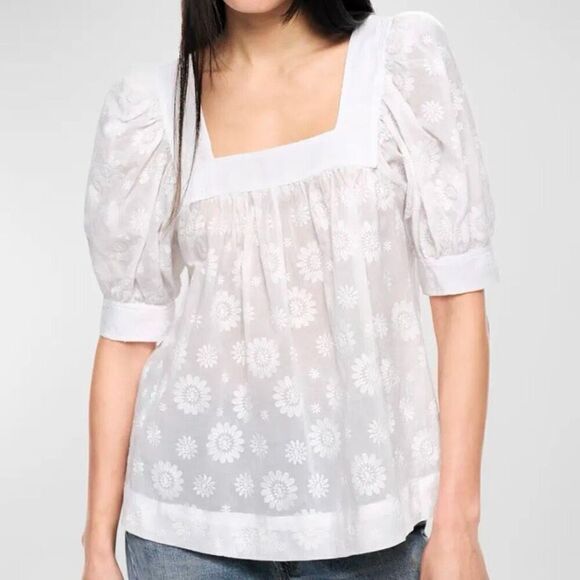 Smythe White Floral Embroidered Square Neck Puff Sleeve Top NWT Size Extra Small - Picture 1 of 6